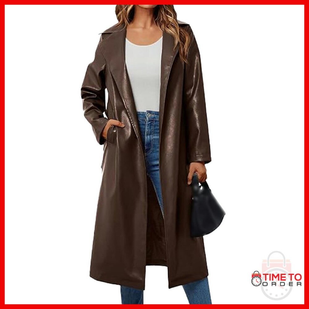 Faux Leather Trench Coat Notched Lapel Long Belted Jacket